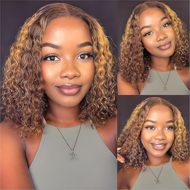 Model wearing 4x4 deep wave bob wig with 4/27 ombré highlights in natural lighting.