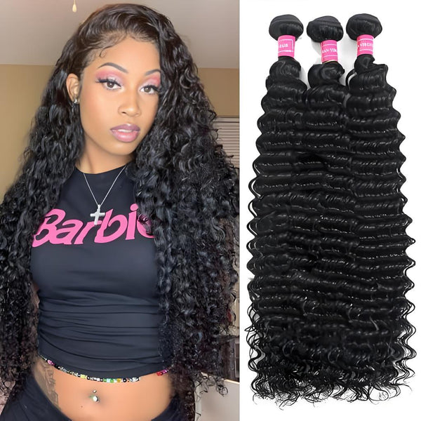 Model showcasing voluminous deep wave hair next to neatly aligned bundles with pink band wrap.