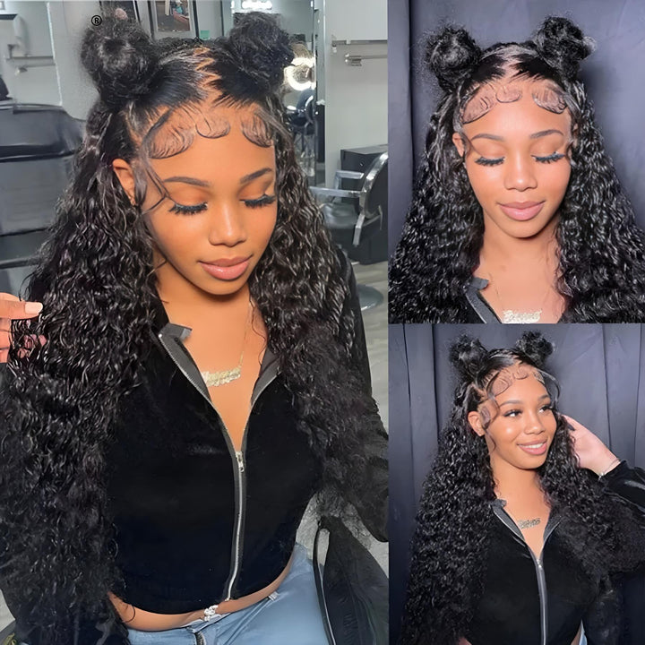 Model showcasing double bun hairstyle with pre-plucked lace edges on deep wave glueless wig.