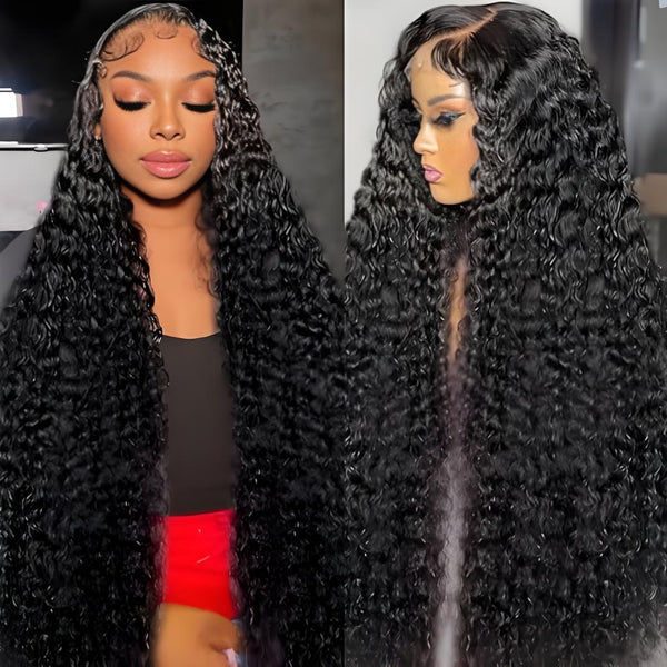 Deep wave glueless wig styled with middle part, featuring long defined curls and natural lace finish.