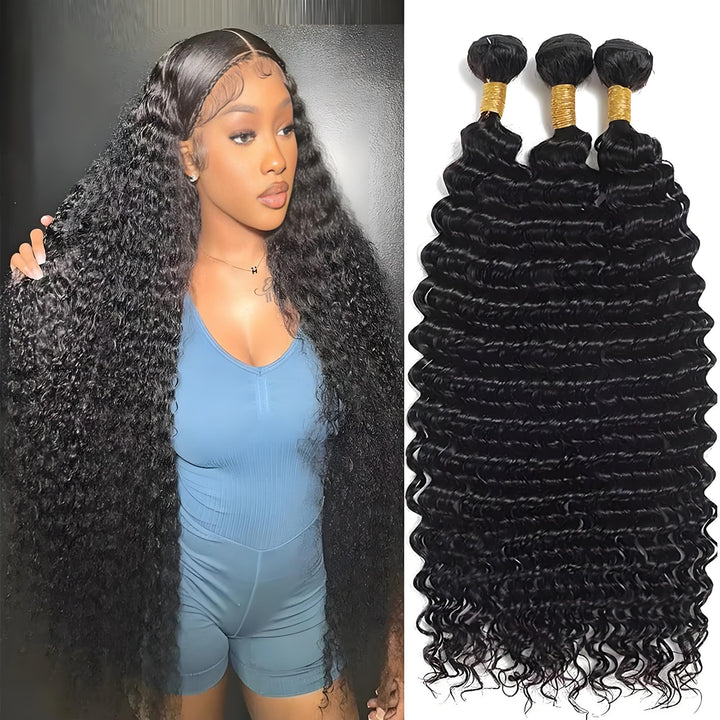 Model wearing long deep wave hairstyle beside product shot of three shiny and defined deep wave bundles.