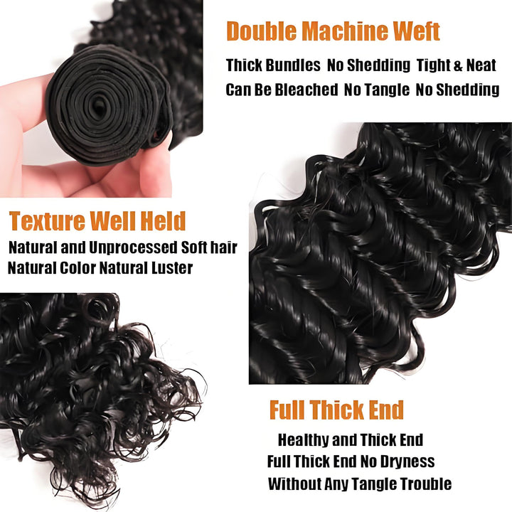 Close-up of deep wave hair texture, showing double machine weft, unprocessed luster, and thick ends with no tangling or shedding.