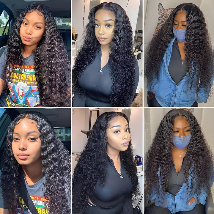 Close-up of four deep wave bundles arranged diagonally, showing tight wave pattern and glossy texture.