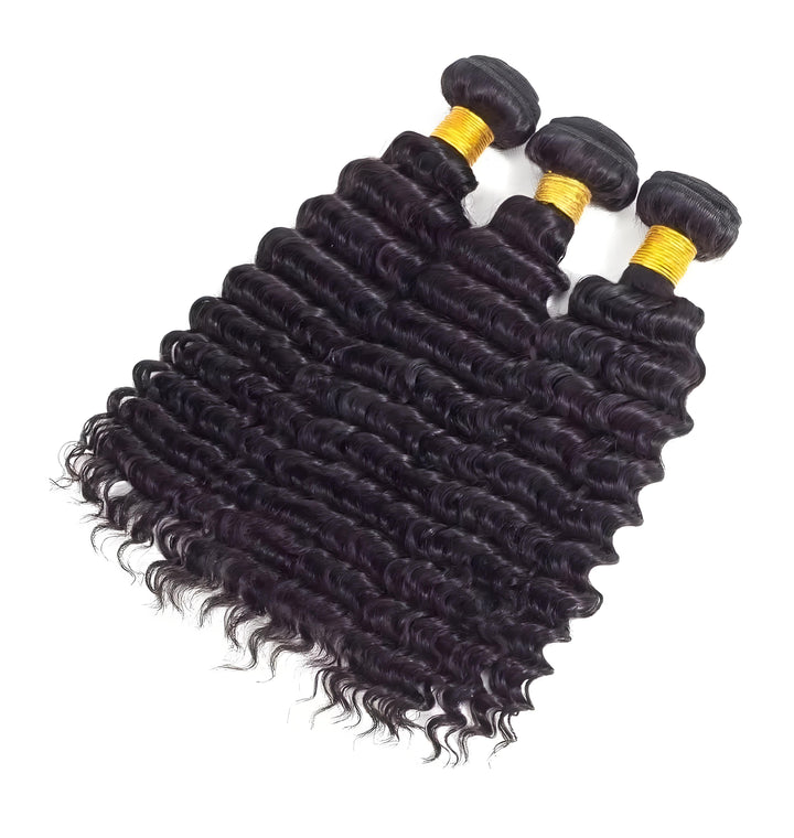 Six different customers wearing deep wave bundles in center and side parts, showing natural look and styling flexibility.