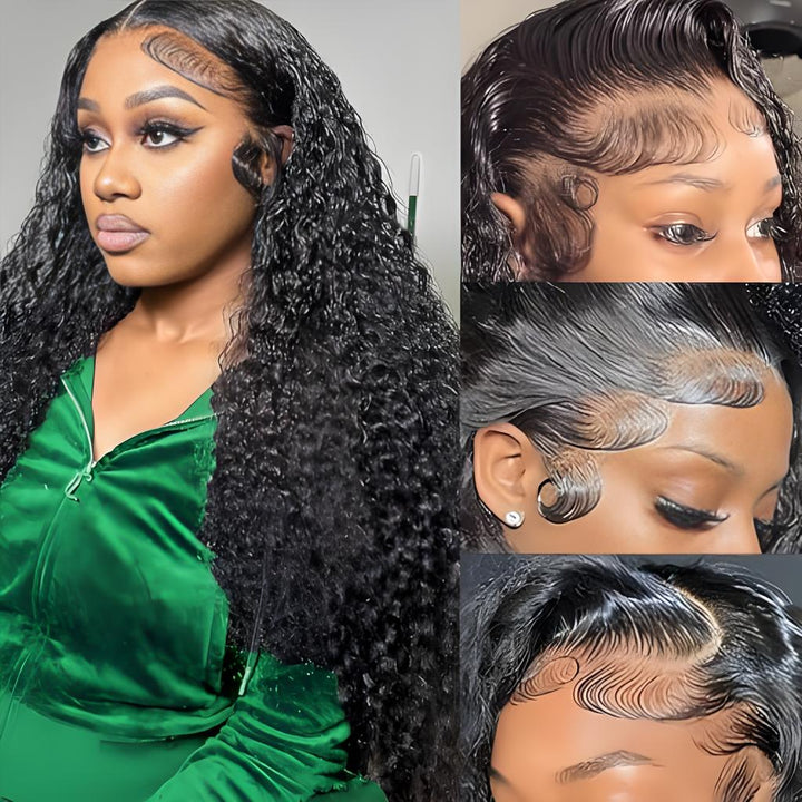 Detailed close-up of HD lace and baby hairs along the hairline for deep wave wig styling finish.