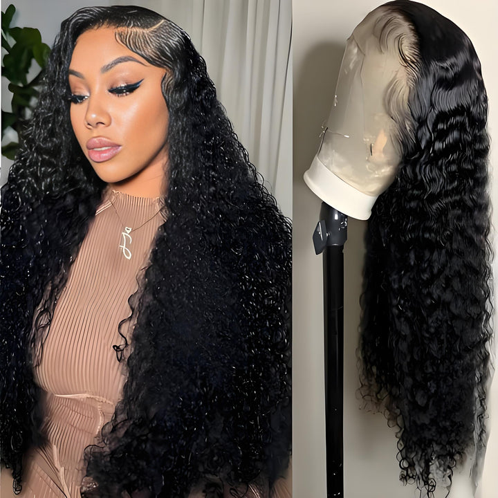 Side-by-side of model and mannequin showing HD lace deep wave wig with glueless wear and pre-plucked hairline.