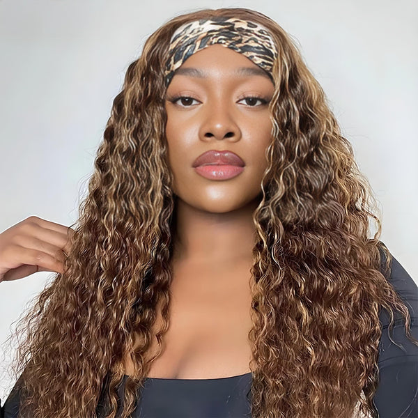 Model wearing EuxmeHair deep wave headband wig in brown with honey blonde highlights, showcasing front view and natural shine.