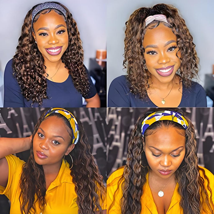 Different models wearing brown with honey blonde highlight deep wave headband wig, styled with various headbands.