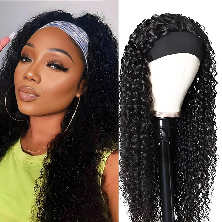 Front view of model wearing EuxmeHair deep wave headband wig in natural color, showcasing realistic texture and density.