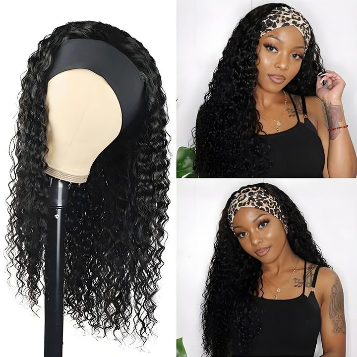 Full back view of EuxmeHair deep wave headband wig showing curl definition, bounce, and natural finish.