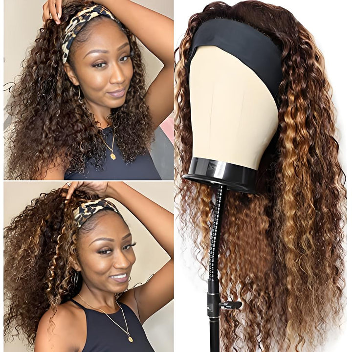 Highlighted brown and honey blonde deep wave headband wig shown on smiling model and mannequin side profile.