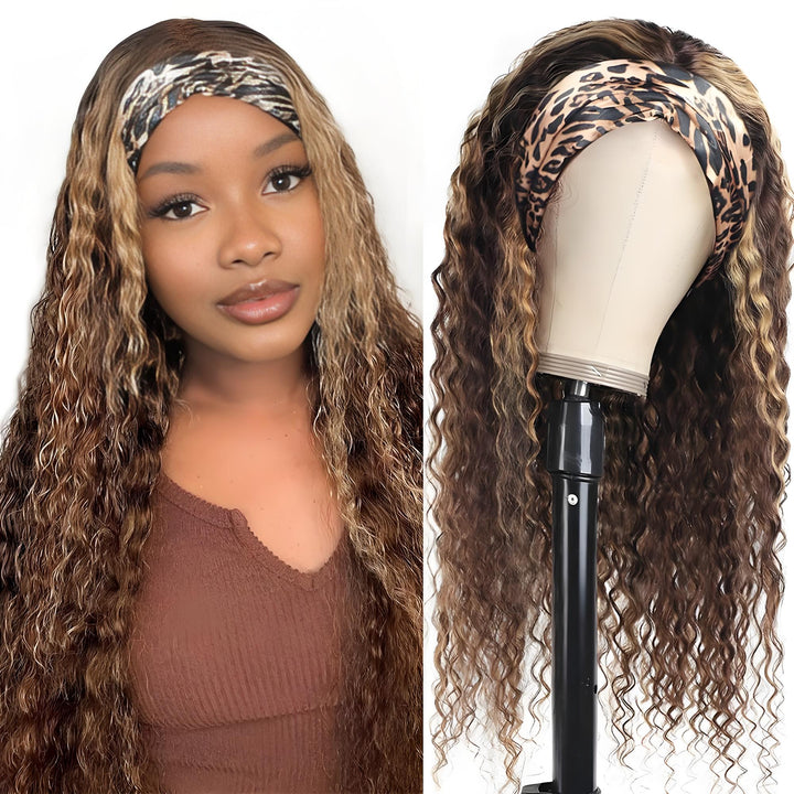 Front and side view of EuxmeHair headband wig in deep wave texture with honey blonde highlights, shown on model and mannequin.
