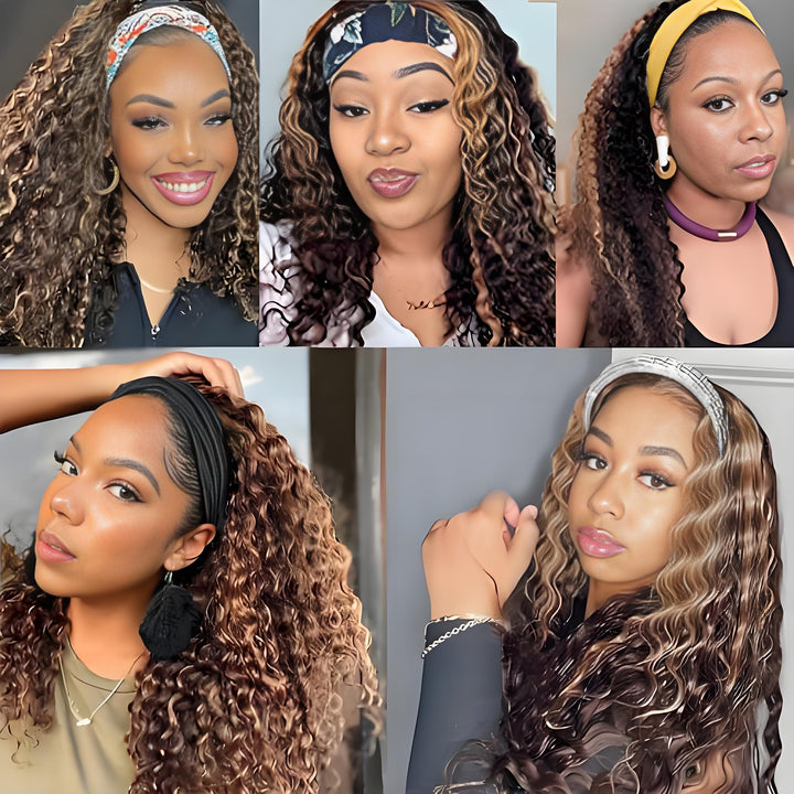 Headband wig in deep wave brown with honey blonde highlights displayed on multiple models with various styles.