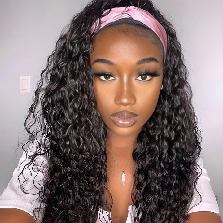 Step-by-step installation guide of EuxmeHair deep wave headband wig including comb positioning and adjustable headband.