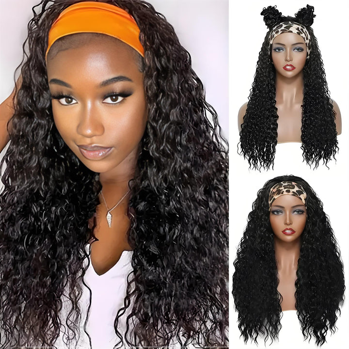 Front and back mannequin display of EuxmeHair deep wave headband wig in natural color for visual texture reference.