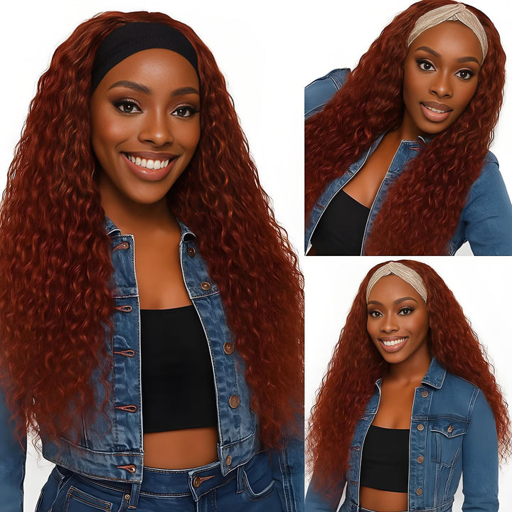 Reddish brown deep wave headband wig worn by smiling model in denim outfit, shown in three poses.