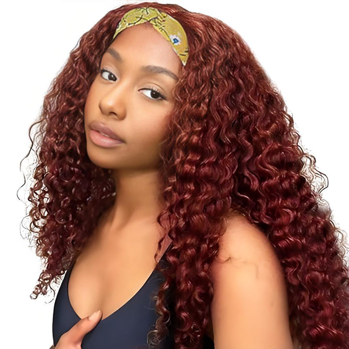 Natural light side view of reddish brown deep wave headband wig showing shiny texture and volume.