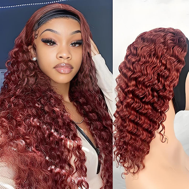 Reddish brown deep wave headband wig shown wet-styled on model and mannequin from front and side views.