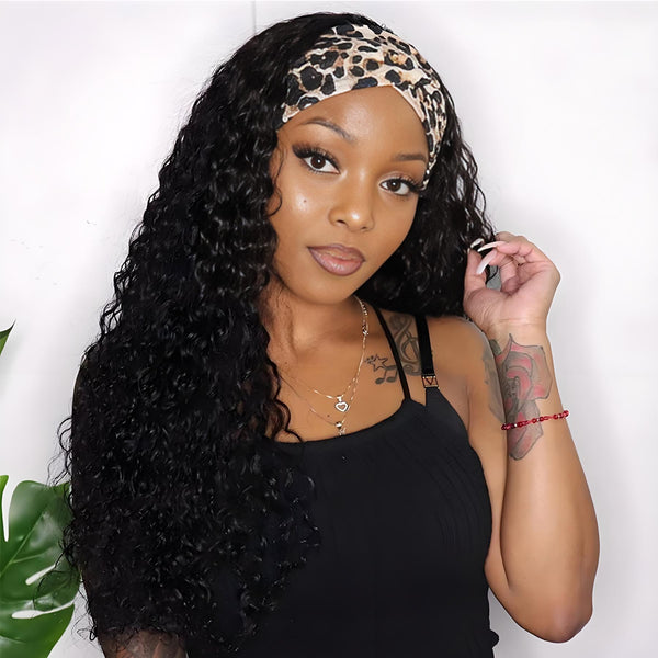 Side profile of model wearing EuxmeHair deep wave headband wig in natural color, showing defined waves and natural volume.