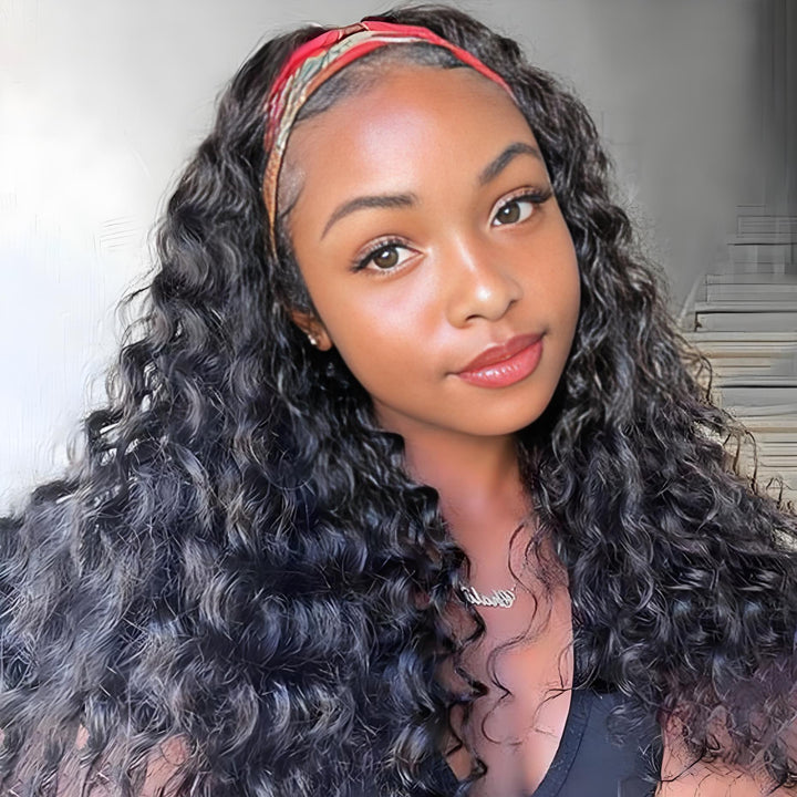 Close-up side view of deep wave headband wig highlighting curl pattern, density, and glueless fit on model.