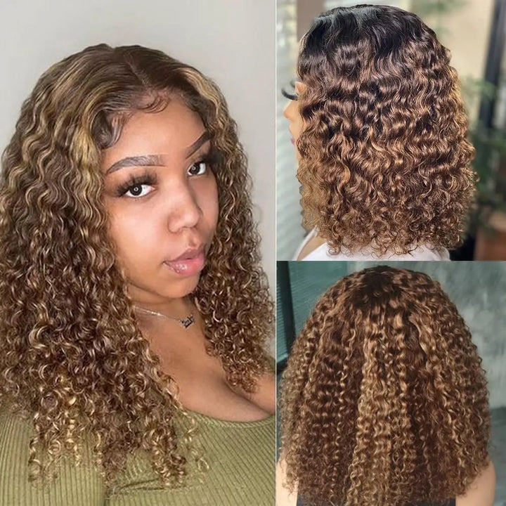 Back and side views of highlighted curly bob wig with defined waves and lace frontal.