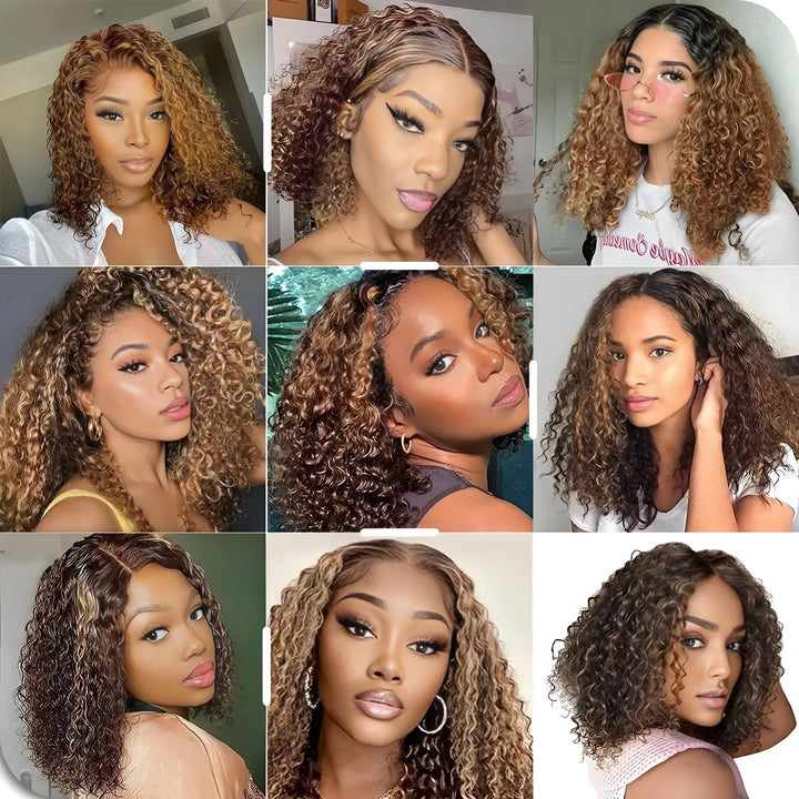Multiple customers showcasing the deep wave highlighted bob wig in various angles and styles.