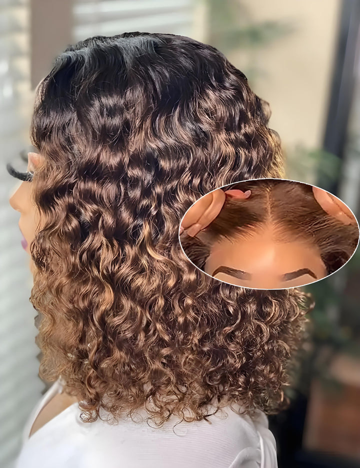Model installing glueless deep wave highlighted bob wig with natural lace blend.