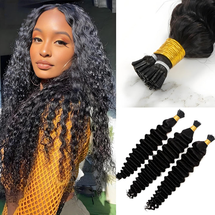 Full-length view of deep wave I-tip hair extensions held in hand, showing defined spiral curls.