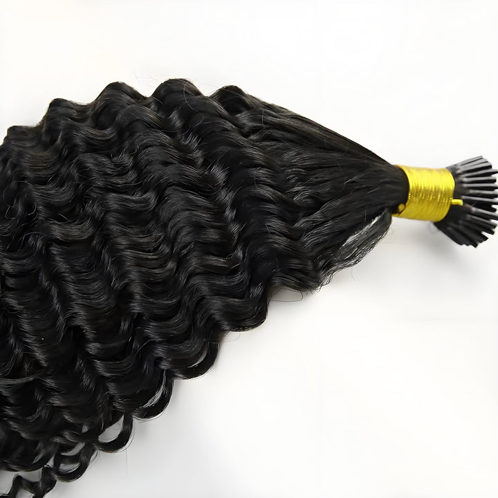 Close-up of EuxmeHair deep wave I-tip hair showing tight curls and neatly bundled keratin tips.