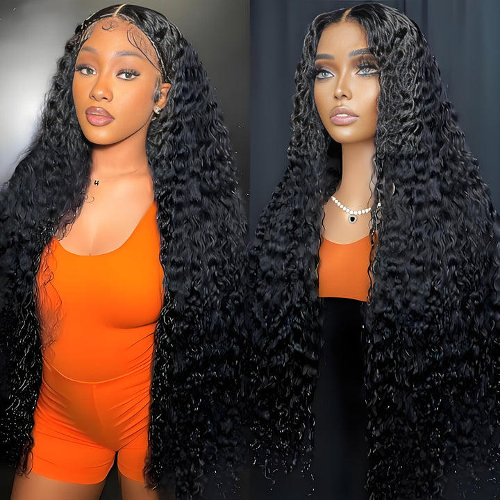 Deep wave 4x4 lace wig modeled in long length, showing natural density and defined curls.