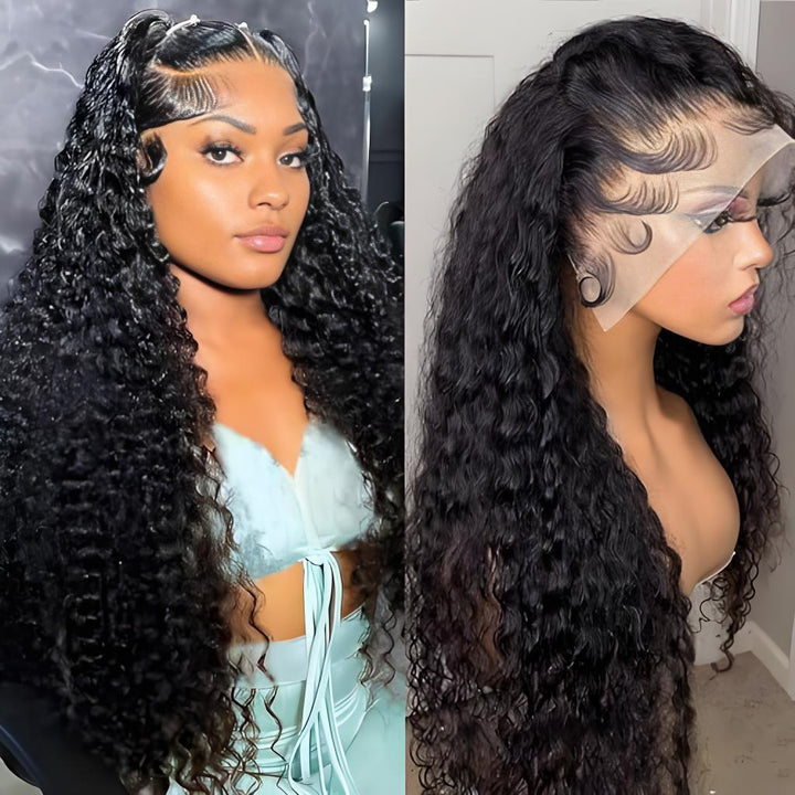 Model and mannequin wearing deep wave wig with defined hairline and transparent lace for realistic look.