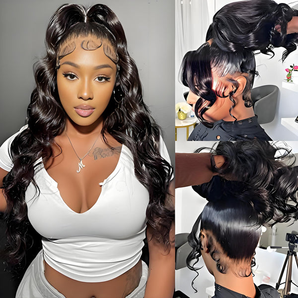 Model wearing 360 lace wig in soft body wave with prominent baby hairs and volume, styled half-up and ponytail.