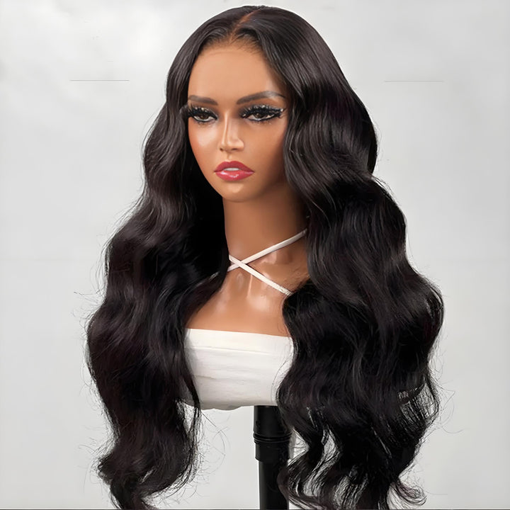 EuxmeHair body wave wig on mannequin displaying natural black human hair and lace front design