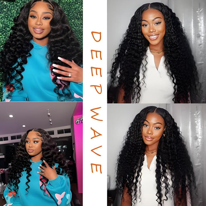 Grid of models wearing deep wave hair in various styles, displaying curl consistency, fullness, and natural shine.