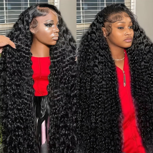 Side-by-side model photos of EuxmeHair deep wave wig in natural black, with lace melt and dramatic baby hair styling.