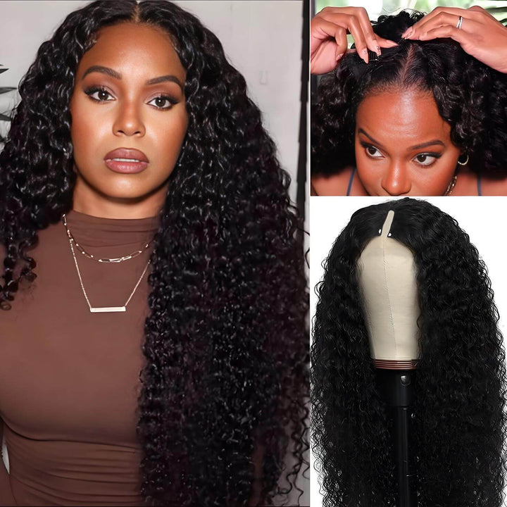 Deep wave V Part wig in natural color shown on model and during installation process, highlighting natural blending.