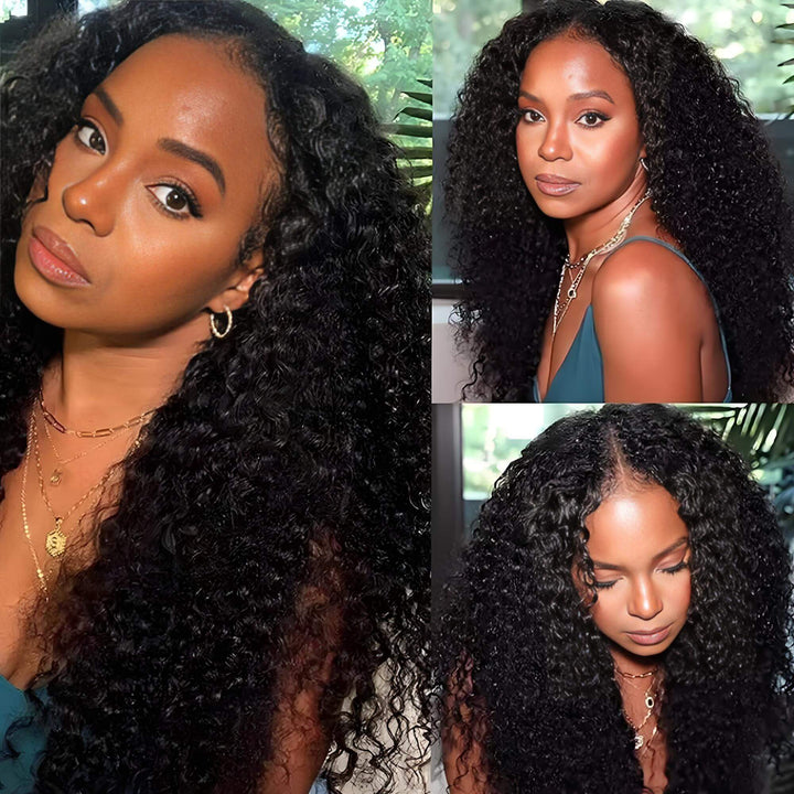 Multiple model views of V Part wig in natural color deep wave, showing natural hairline and full curly volume.