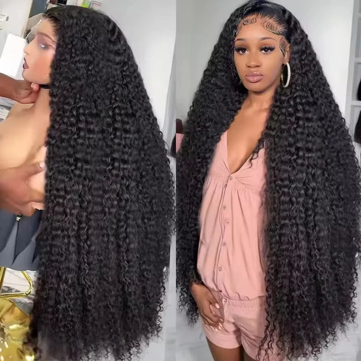 Long-length EuxmeHair natural color deep wave wig displayed on mannequin and model, highlighting curl pattern and density.