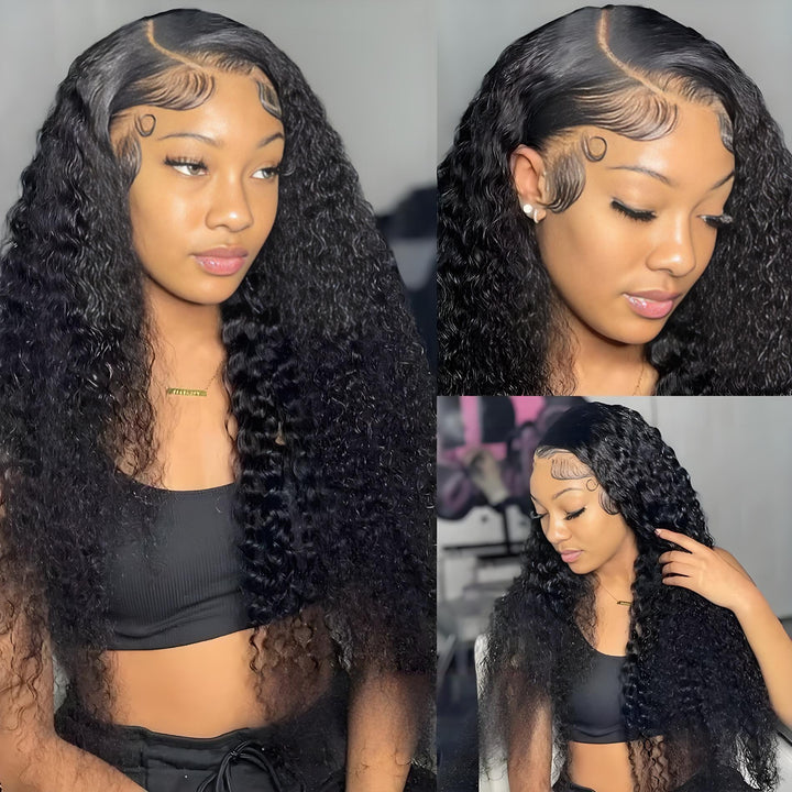 Model showcasing deep wave wig with S-curved baby hairs and lace parting from left, right, and front angles.