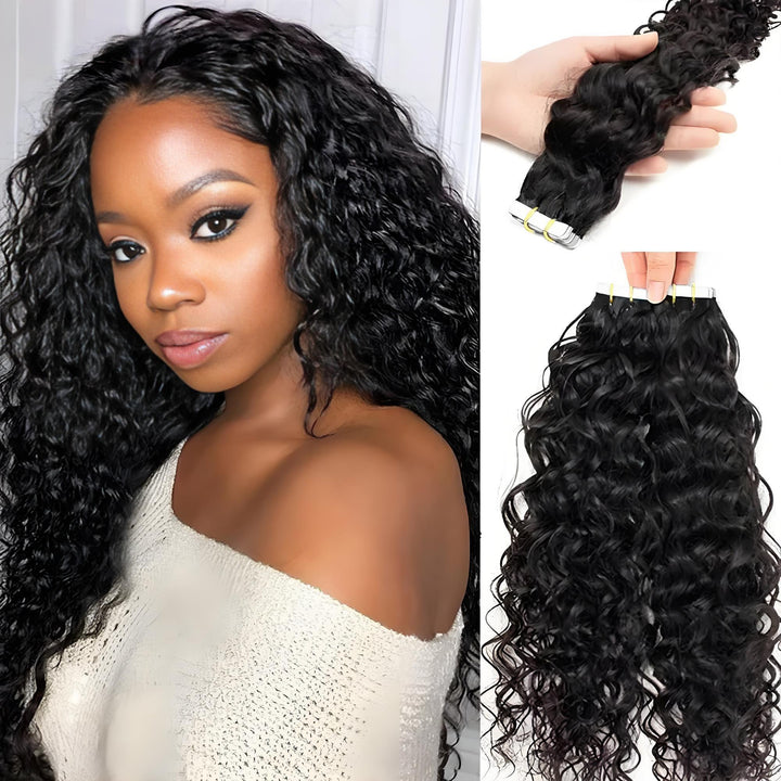 Model wearing deep wave tape-in extensions in natural color with side panels showing a hand-held bundle and full weft with tape tabs.