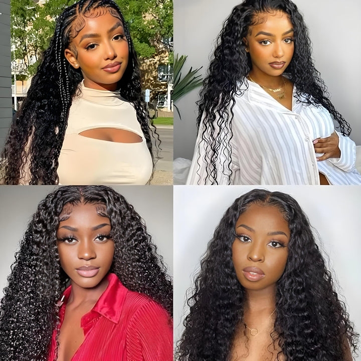 Four-image model gallery showcasing deep wave tape-in extensions in natural color with varied partings and styles.