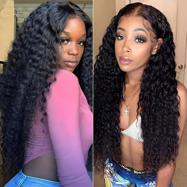 Two models wearing deep wave tape-in hair in natural color, highlighting full length and defined curls.