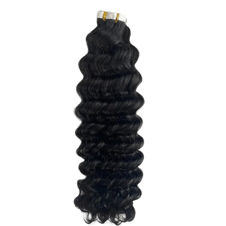 One long deep wave tape-in weft in natural color photographed vertically to display length and curl density.