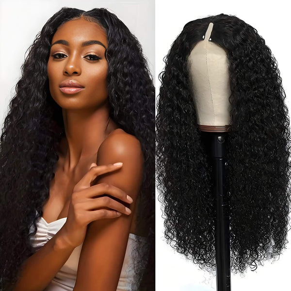 Long length deep wave V Part wig in natural color displayed on mannequin head, showing full curls and natural look.
