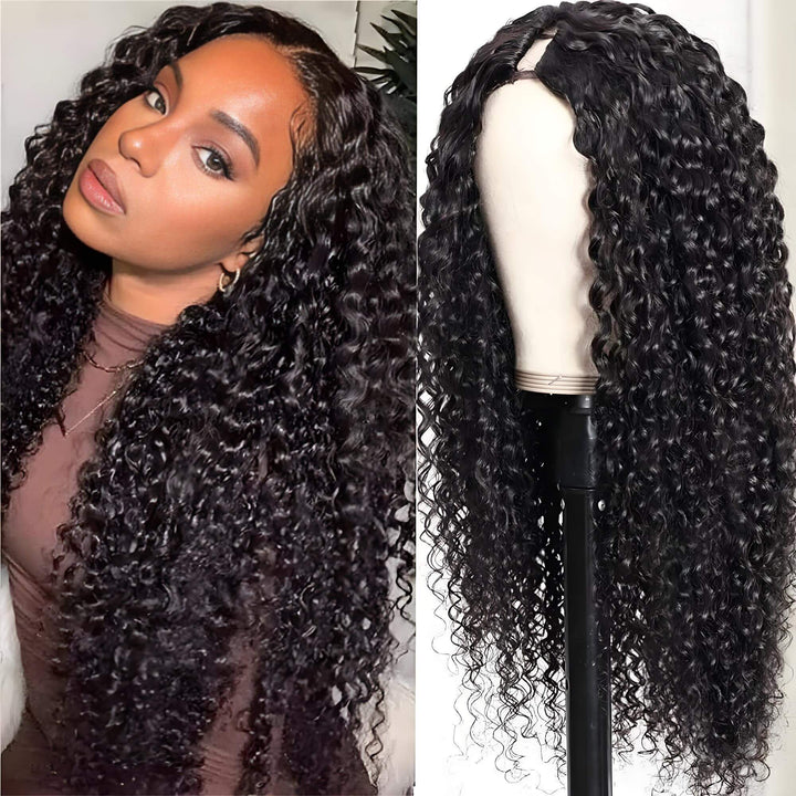 Side and front view of deep wave V Part wig in natural color displayed on mannequin head with voluminous curls.