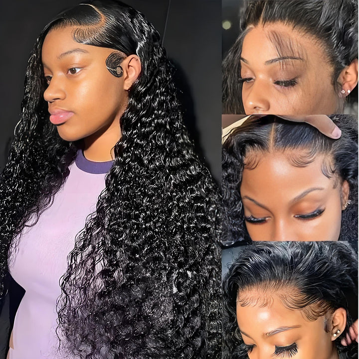 Five-angle collage showing deep wave wig installation on model with baby hair styling and realistic HD lace.