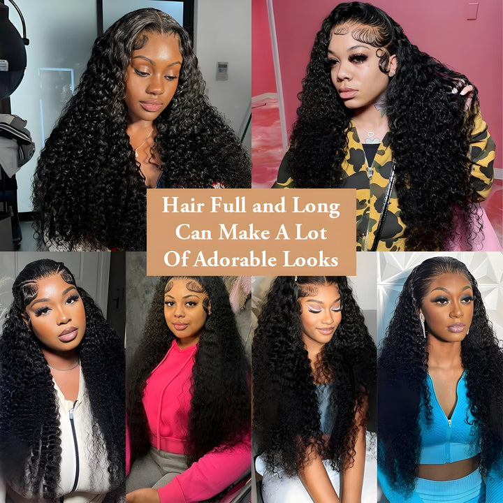 Customer style collage showing EuxmeHair deep wave wig in various looks, demonstrating full volume, defined curls, and natural finish.