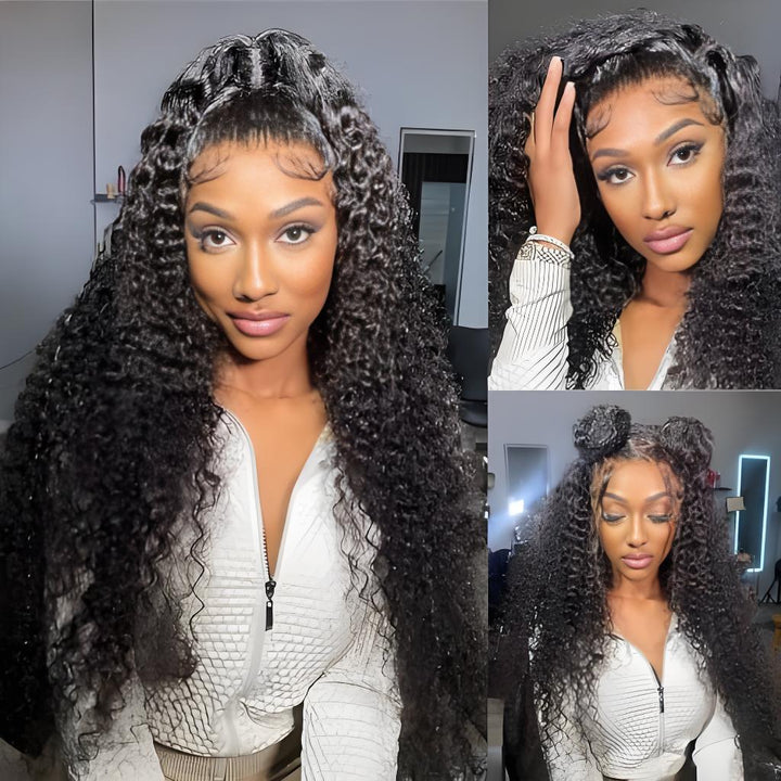Model showcasing deep wave 360 lace wig in three hairstyles—half-up ponytail, sleek side part, and double buns—with natural baby hairs and defined curls.
