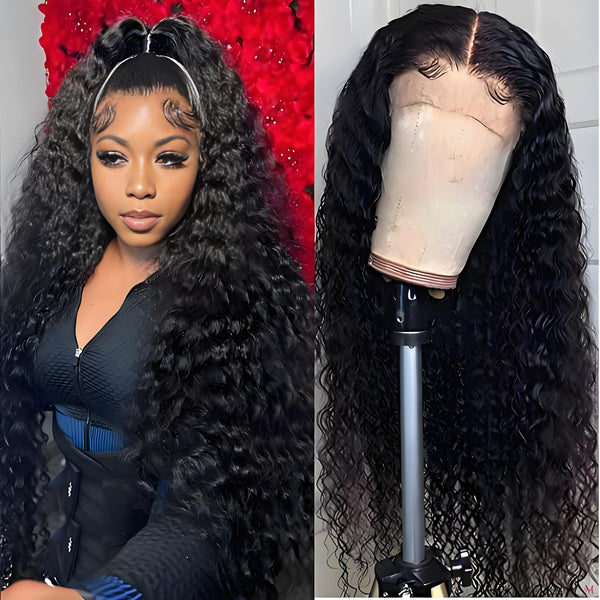 Split view showing deep wave wig styled in high ponytail and displayed on canvas block to highlight lace quality.