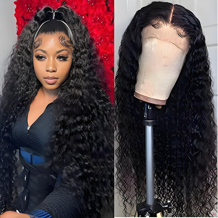 Split view showing deep wave wig styled in high ponytail and displayed on canvas block to highlight lace quality.